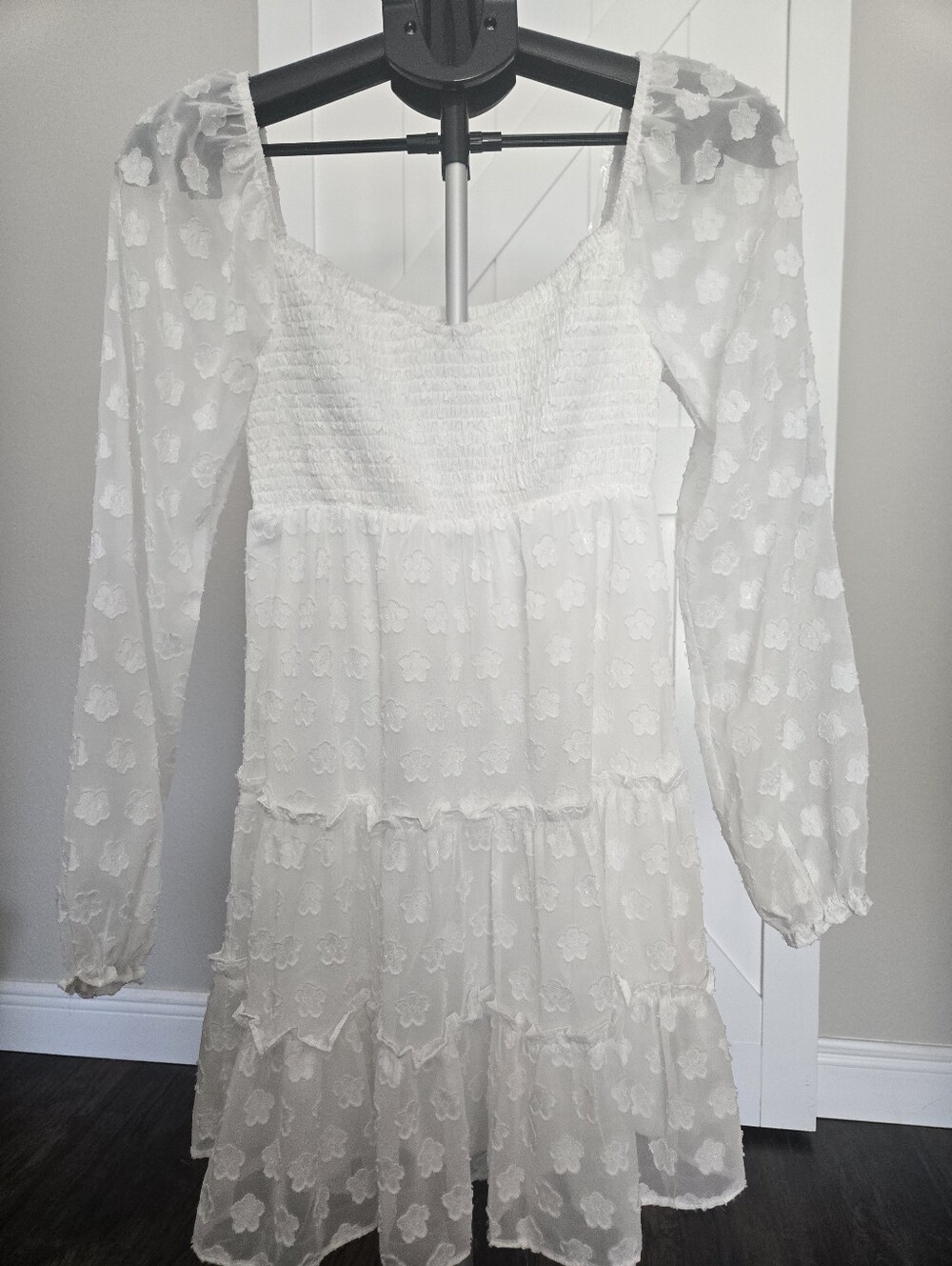 White Long-Sleeve Smocked Bodice Tiered Mini Dress XS